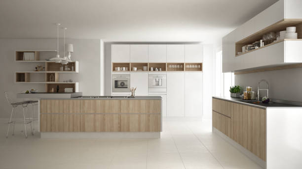 istock Modern white kitchen with wooden and white details, minimalistic interior design 835828352