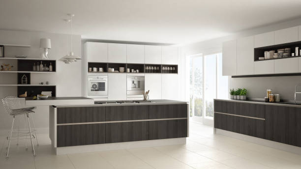 istock Modern white kitchen with wooden and white details, minimalistic interior design 835828430