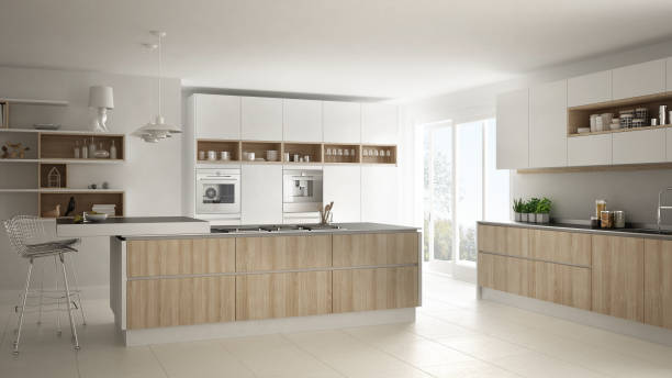 istock Modern white kitchen with wooden and white details, minimalistic interior design 835828528