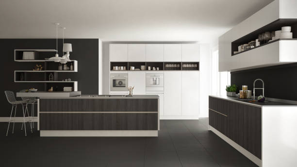istock Modern white kitchen with wooden and white details, minimalistic interior design 835828598