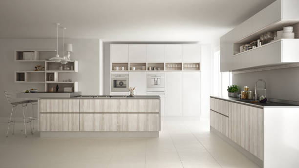 istock Modern white kitchen with wooden and white details, minimalistic interior design 835828652