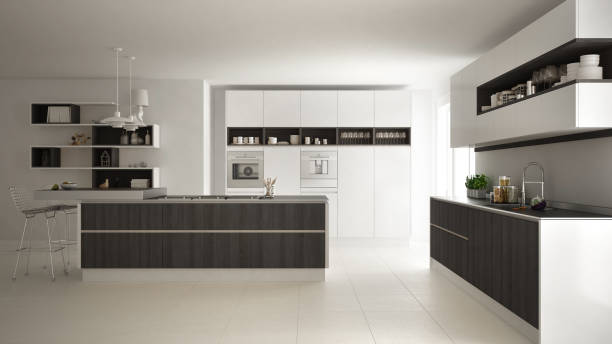 istock Modern white kitchen with wooden and white details, minimalistic interior design 835828686