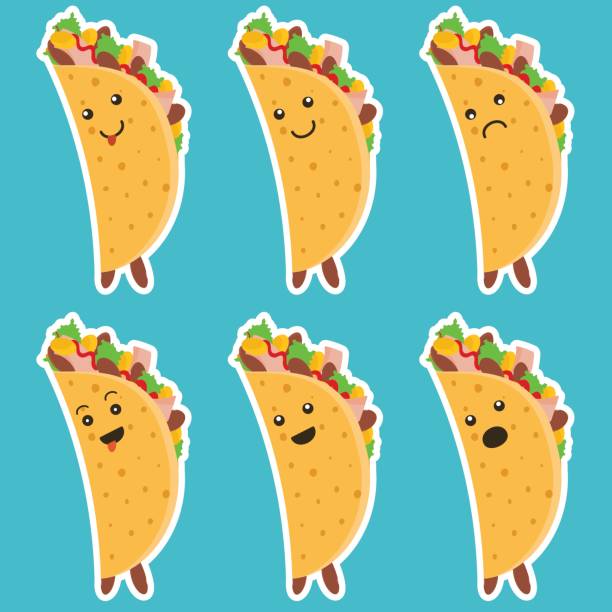 Set of nice emotional taco characters with white outlines on blue background Set of nice emotional taco characters with white outlines on blue background. Cutelaugh and sad tacos character for mexican food advertisement hot mexican girls stock illustrations