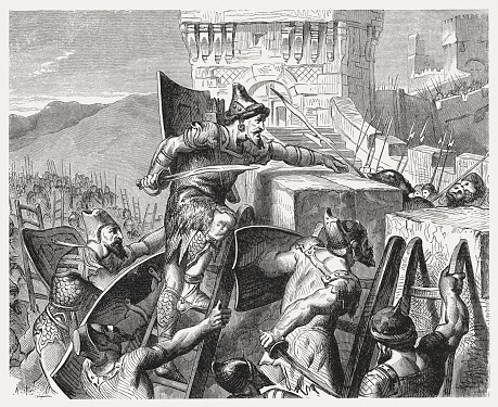 Judah's King Joash (reigned c. 835 - c. 800) conquers Jerusalem (2 Chronicles 25, 23). Wood engraving, published in 1886.