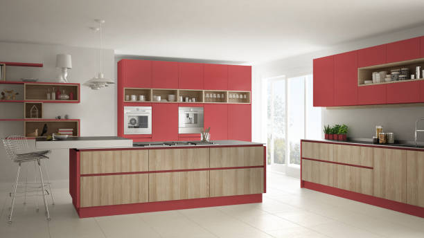 istock Modern white kitchen with wooden and red details, minimalistic interior design 835829394
