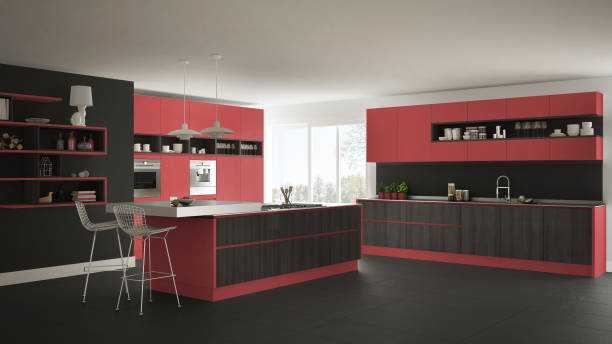 istock Modern white kitchen with wooden and red details, minimalistic interior design 835829532