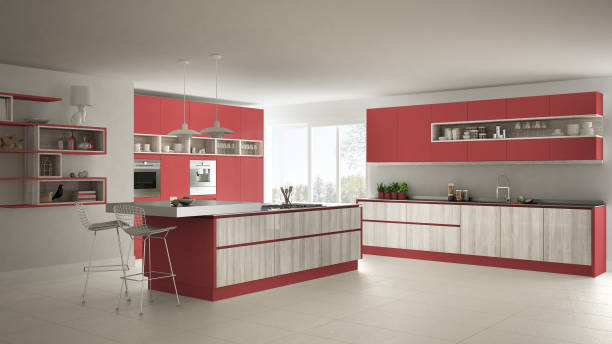 istock Modern white kitchen with wooden and red details, minimalistic interior design 835829596