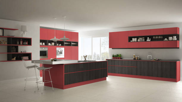istock Modern white kitchen with wooden and red details, minimalistic interior design 835829638