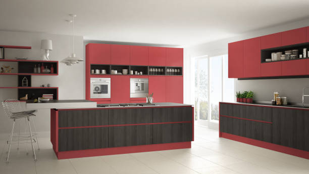 istock Modern white kitchen with wooden and red details, minimalistic interior design 835829672