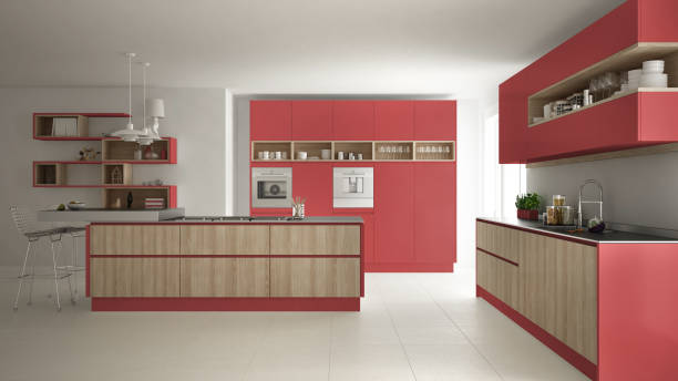 istock Modern white kitchen with wooden and red details, minimalistic interior design 835829868