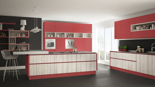 istock Modern white kitchen with wooden and red details, minimalistic interior design 835829976