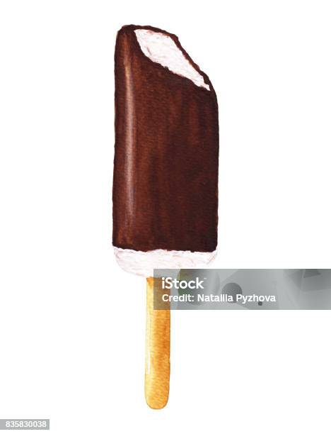 Watercolor Chocolate Ice Cream On Stick Stock Illustration - Download Image Now - Art, Brown, Chocolate