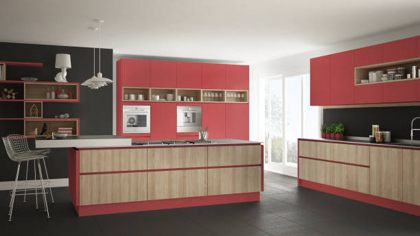 istock Modern white kitchen with wooden and red details, minimalistic interior design 835830074