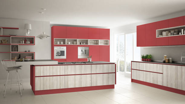 istock Modern white kitchen with wooden and red details, minimalistic interior design 835830100