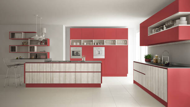 istock Modern white kitchen with wooden and red details, minimalistic interior design 835830114