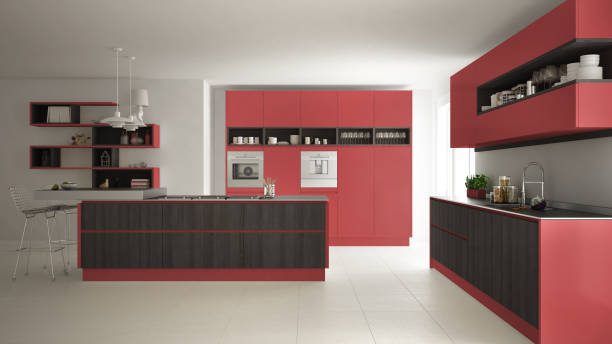 istock Modern white kitchen with wooden and red details, minimalistic interior design 835830134
