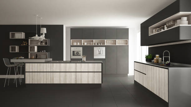 istock Modern white kitchen with wooden and gray details, minimalistic interior design 835832700