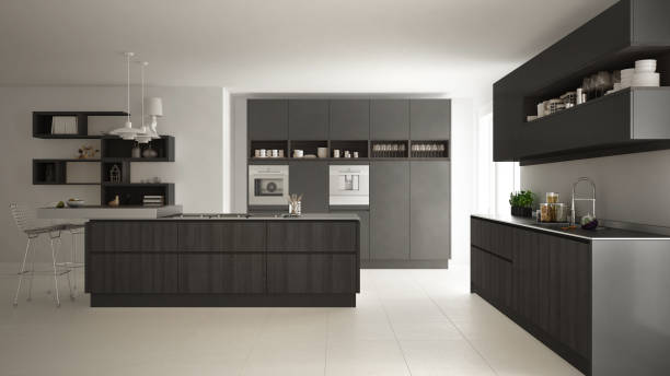 istock Modern white kitchen with wooden and gray details, minimalistic interior design 835832714