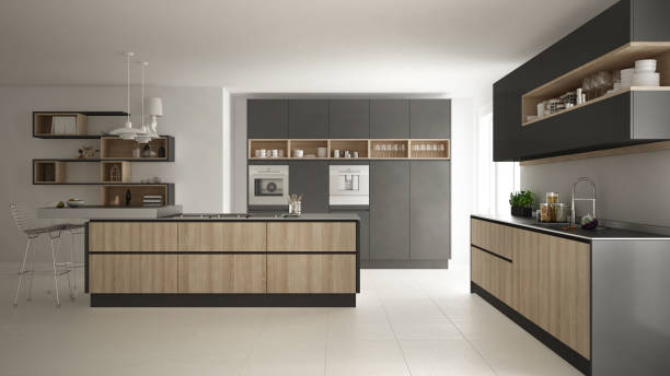istock Modern white kitchen with wooden and gray details, minimalistic interior design 835832784