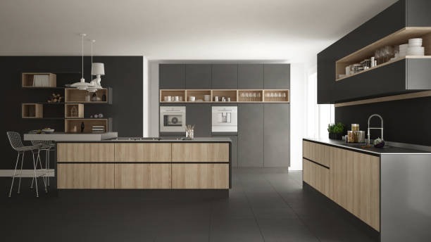 istock Modern white kitchen with wooden and gray details, minimalistic interior design 835832866