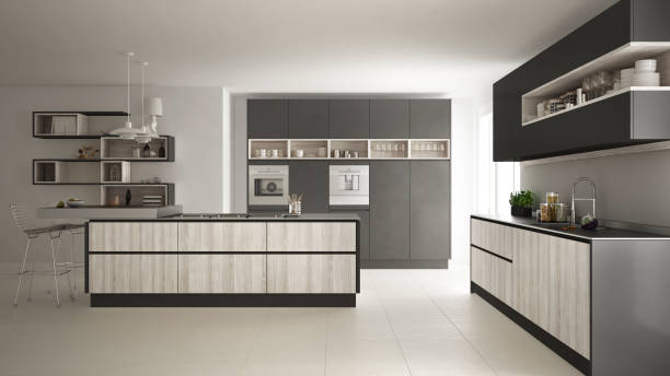 istock Modern white kitchen with wooden and gray details, minimalistic interior design 835833110