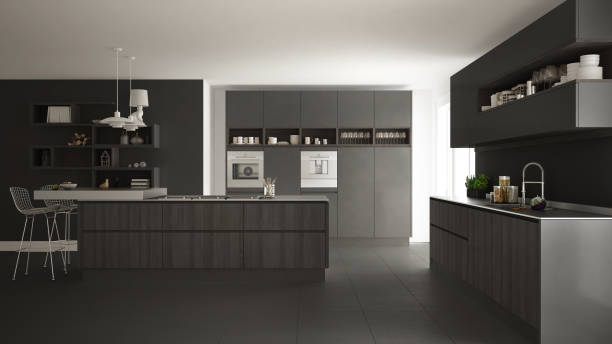 istock Modern white kitchen with wooden and gray details, minimalistic interior design 835833154