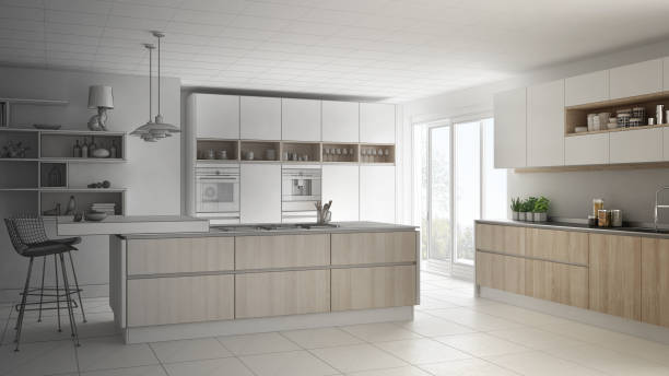 istock Unfinished project of modern scandinavian kitchen, sketch abstract interior design 835833228