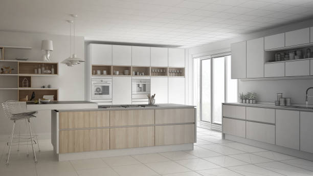 istock Unfinished project of modern scandinavian kitchen, sketch abstract interior design 835833298