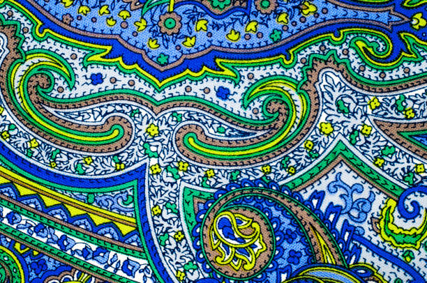 istock texture of the silk fabric with an abstract pattern, blue yellow white green pattern. 835836700
