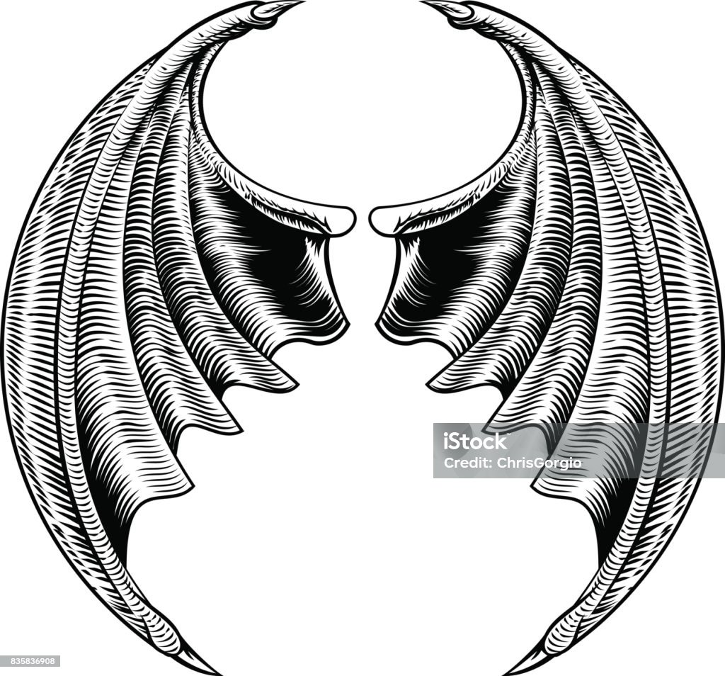Bat or Dragon Wings Design A circular bat demon dragon wings horror Halloween design in a vintage woodcut style Costume Wing stock vector