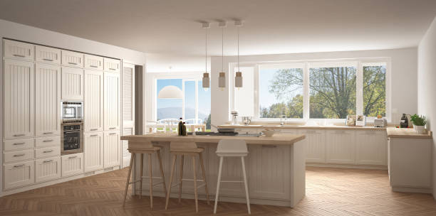 istock Modern scandinavia kitchen with big windows, panorama classic white interior design 835841412