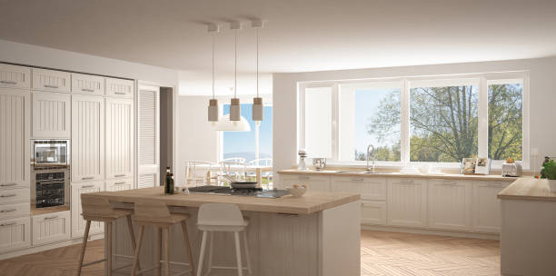 istock Modern scandinavia kitchen with big windows, panorama classic white interior design 835841460