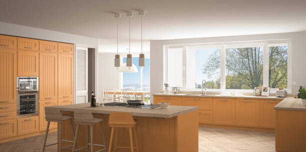 istock Modern scandinavia kitchen with big windows, panorama classic white and orange interior design 835841734