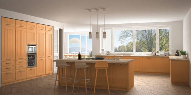 istock Modern scandinavia kitchen with big windows, panorama classic white and orange interior design 835841852