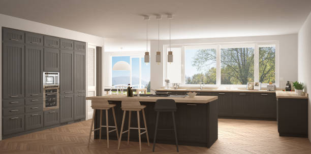 istock Modern scandinavia kitchen with big windows, panorama classic white and gray interior design 835841938