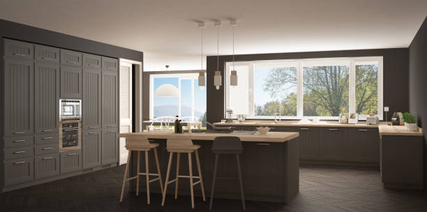istock Modern scandinavia kitchen with big windows, panorama classic white and gray interior design 835841962