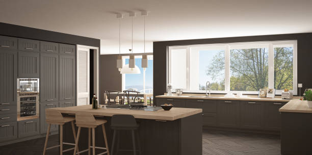 Modern scandinavia kitchen with big windows, panorama classic white and gray interior design