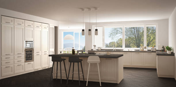 istock Modern scandinavia kitchen with big windows, panorama classic white and gray interior design 835842048