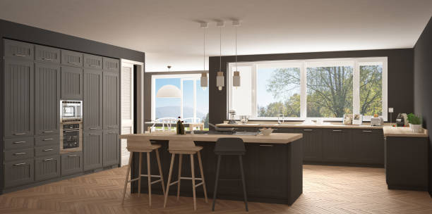 istock Modern scandinavia kitchen with big windows, panorama classic white and gray interior design 835842078