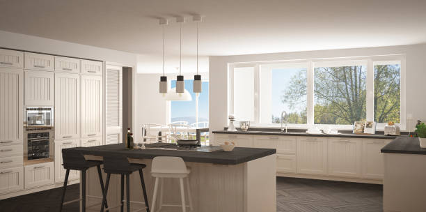 istock Modern scandinavia kitchen with big windows, panorama classic white and gray interior design 835842102