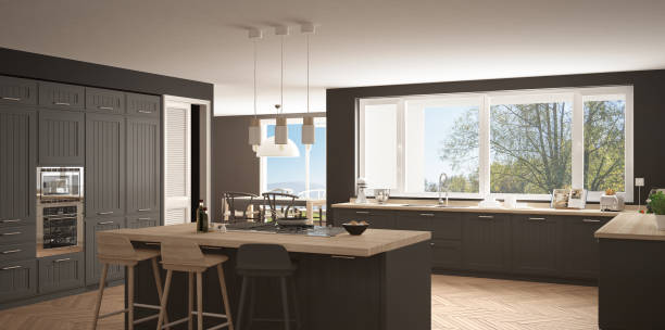 istock Modern scandinavia kitchen with big windows, panorama classic white and gray interior design 835842174