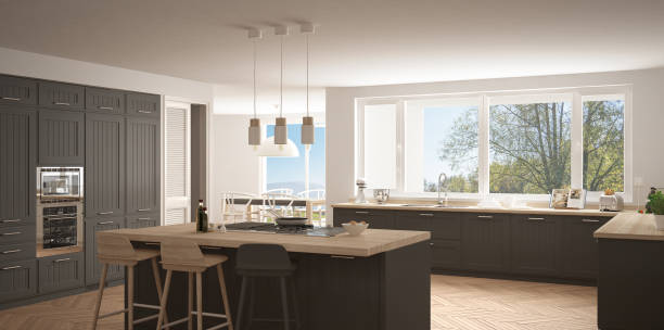 istock Modern scandinavia kitchen with big windows, panorama classic white and gray interior design 835842266