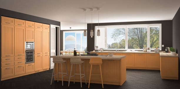 istock Modern scandinavia kitchen with big windows, panorama classic gray and orange interior design 835844650