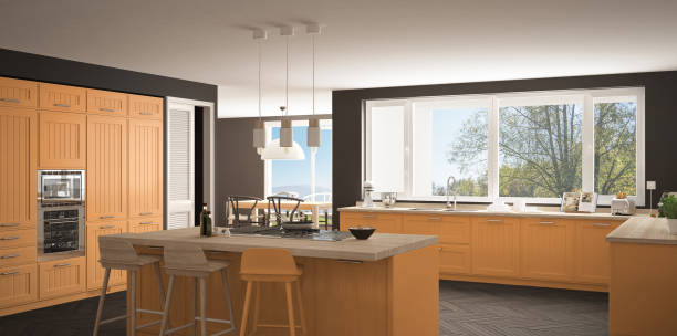 istock Modern scandinavia kitchen with big windows, panorama classic gray and orange interior design 835844676