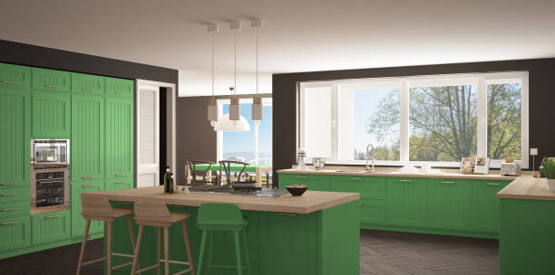 istock Modern scandinavia kitchen with big windows, panorama classic gray and green interior design 835844740