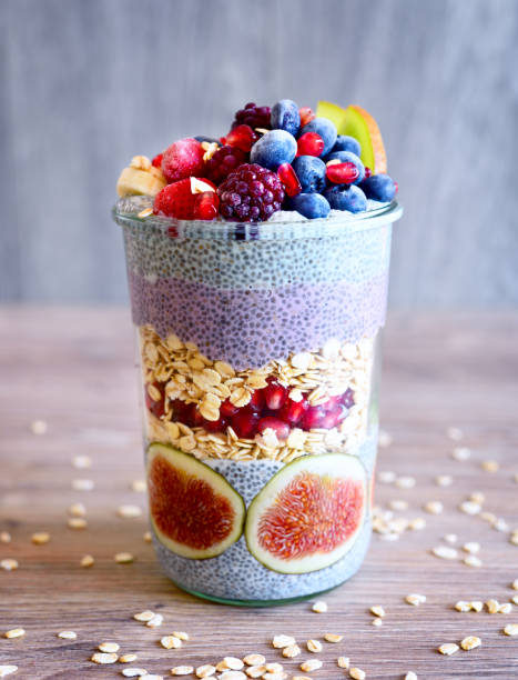 Colorful chia pudding with fresh fruits. No sugar dessert.