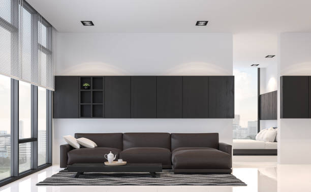 Modern black and white living room and bedroom interior 3d rendering image