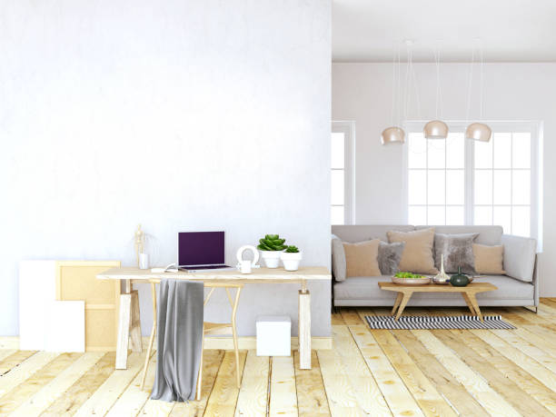 istock Modern light interior, a place for study, consisting of working Desk, lamp, laptop. 3D illustration. wall mock up 835846388