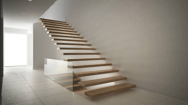 istock Modern entrance hall with wooden staircase, minimalist white interior design 835849290