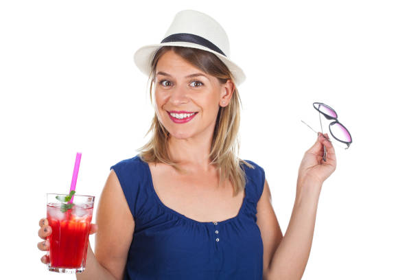 istock Happy woman with raspberry mint lemonade and sunglasses 835849516